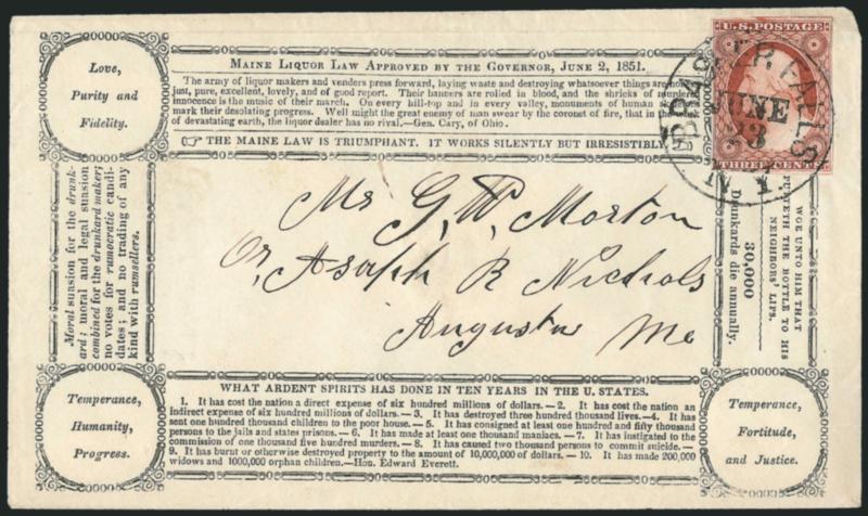 3c Dull Red, Ty. II (11A).> Large margins to clear, rich color, tied by Brasher Falls N.Y. June 23 circular datestamp on cover to Augusta Me. with <Maine Liquor Law Temperance propaganda design,> Brown Thurston
imprint on top flap, Very Fine, a p