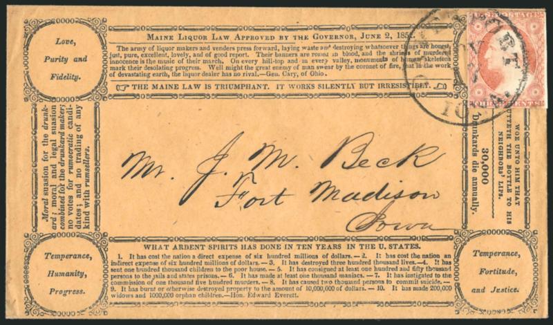 3c Dull Red, Ty. II (11A).> Large margins to just in, tied by Davenport Iowa Nov. 17 circular datestamp on brown cover to Fort Madison, Iowa, with <Maine Liquor Law Temperance propaganda design,> Brown Thurston
imprint on top flap, Very Fine