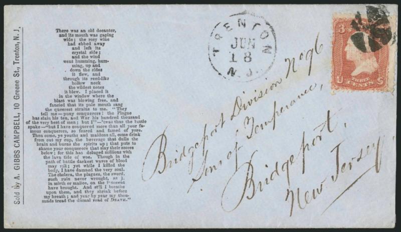 3c Red, F. Grill (94).> Tied by circle of wedges, Trenton N.J. Jun. 18 circular datestamp on blue cover to Bridgeport N.J., with <Temperance propaganda text in the shape of a liquor bottle,> A. Gibbs Campbell
imprint at left, stamp with few corner