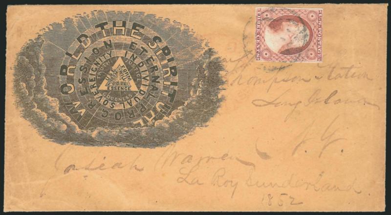 3c Dull Red, Ty. II (11A).> Large margins to just touched, tied by Paid grid, light strike of red Boston Mass. Aug. 21 circular datestamp on brown cover to Thompson Station N.Y., with <The Spiritual World
illustrated Mysticism design with Mason