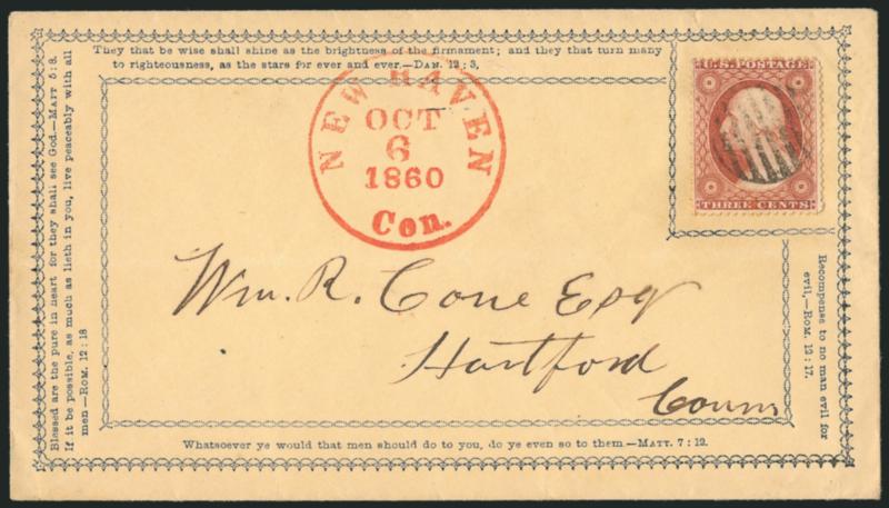 3c Dull Red, Ty. III (26).> Brilliant color, cancelled by grid, well-struck red New Haven Con. Oct. 6, 1860 circular datestamp on cover to Hartford Conn. with <religious verses in ornate border design,> fresh and
Extremely Fine, a beautiful cover,