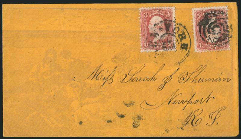 3c Rose (65).> Two, tied by target and also by New-York 24 Mar. double-circle datestamp on orange cover to Newport R.I., with light purple <bible scene all-over design> depicting family and child reading with
sheep in setting overlooking water, ins