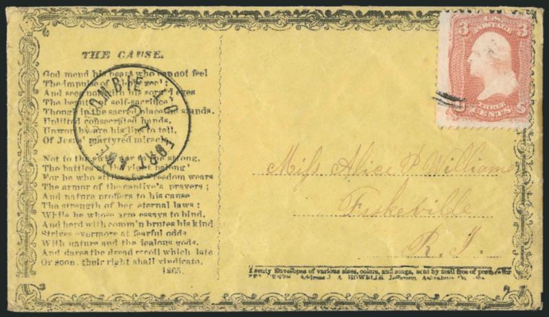 3c Rose (65).> Tied by handstamp, Fort Abercrombie D.T. 10 <Dakota Territorial> circular datestamp on yellow cover to Fiskeville R.I., with <The Cause religious verse design,> 1865 date, J. A. Howell imprint
below address, minor wear, Very Fine a