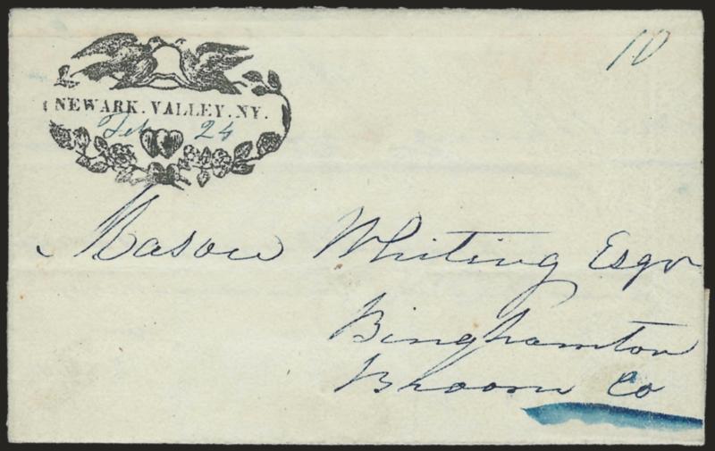 NEWARK VALLEY. NY. Kissing Doves.> Single straightline with Feb. 24 blue manuscript date surrounded by ornate floral frame with entwined hearts and two kissing doves, blue manuscript 10 rate on 1844 folded letter
to Binghamton N.Y. addressed an