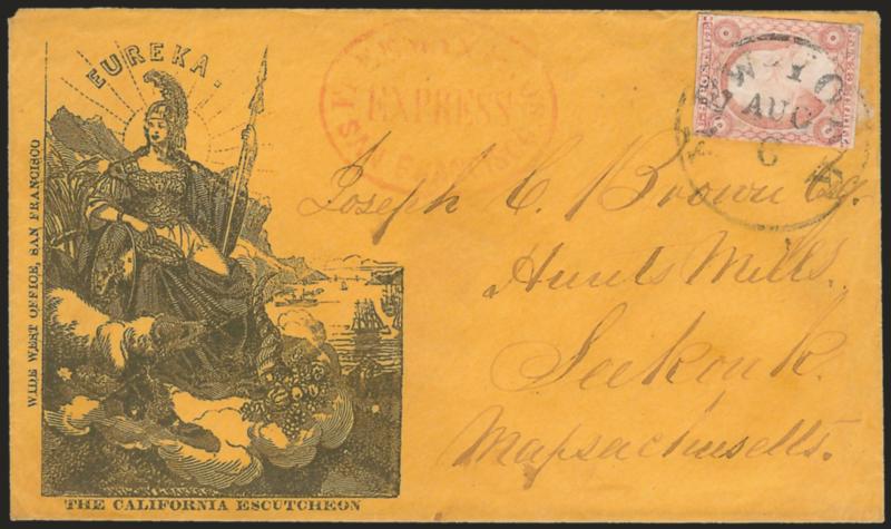 3c Dull Red, Ty. I (11).> Ample margins to slightly in, tied by New-York Aug. 6 circular datestamp on buff cover to Seekonk Mass. with <Eureka. The California Escutcheon illustrated design> depicting female
allegorical figure with helmet, shield
