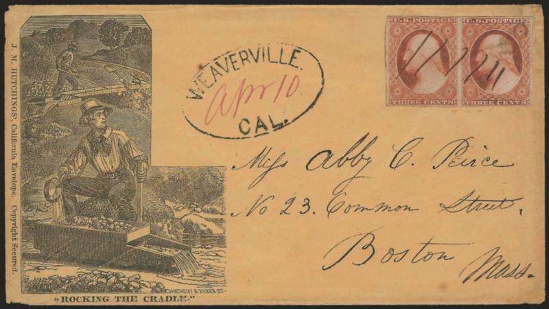 3c Orange Brown, Ty. I (10).> Horizontal pair, large margins to just touched, rich color, pencil writing on back of pair (Orange Brown) and scuffs in cover beneath pair indicate this is probably a replacement for
stamps removed, manuscript cancel i