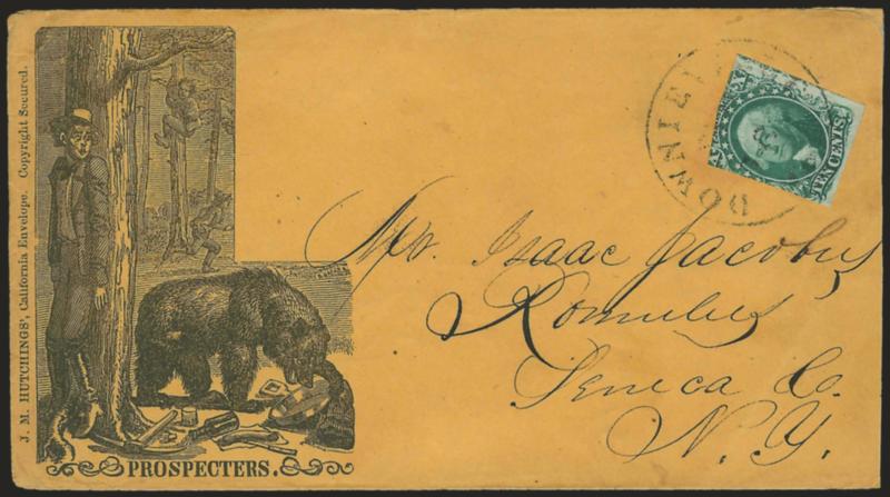10c Green, Ty. II (14).> Two large margins, other two cut in, tied by lightly struck Downieville Cal. circular datestamp on buff cover to Romulus N.Y. with <Prospecters illustrated miners design> depicting
grizzly bear rummaging thru mining camp