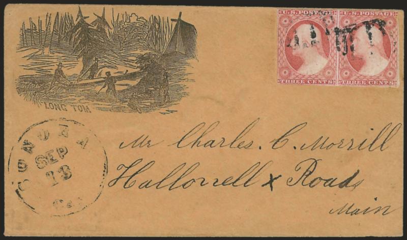 3c Dull Red, Ty. II (11A).> Horizontal pair, bright shade, ample margins to slightly in, cancelled by two strikes of oval six-bar grid, Sonora Cal. Sep. 13 circular datestamp on brown cover to Hallowell
Crossroads Me. with <Long Tom illustrated m