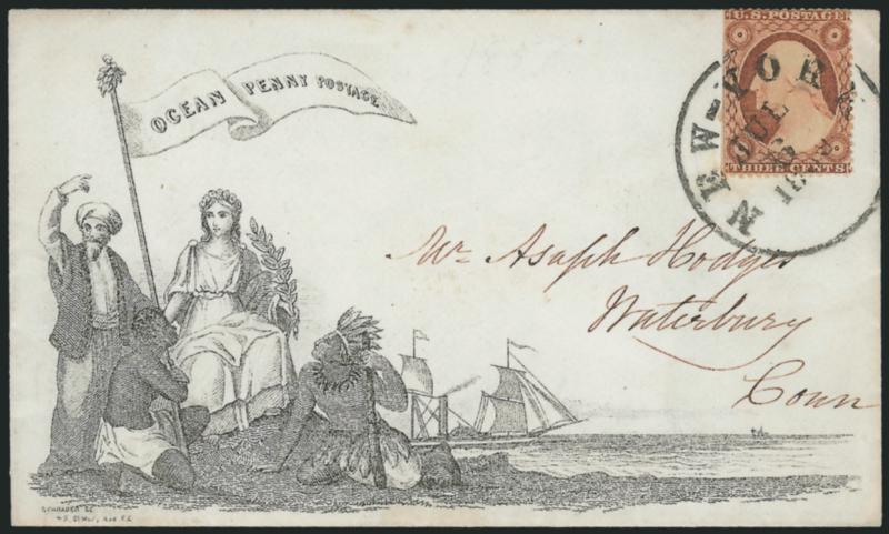 3c Dull Red, Ty. III (26).> Deep shade, perfs clipped at left, tied by well-struck New-York Jul. 6, 1859 circular datestamp on cover to Waterbury Conn., with <Ocean Penny Postage illustrated propaganda design>
depicting female Peace and members o