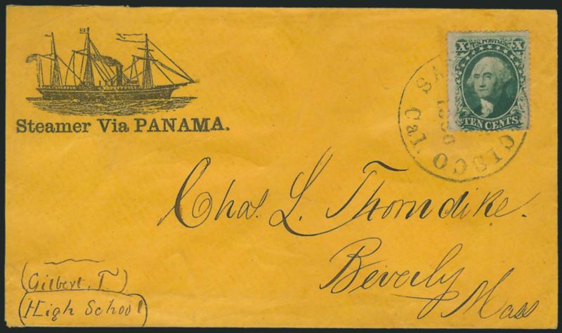 10c Green, Ty. V (35).> Tied by San Francisco Cal. ? 1860 circular datestamp on orange cover to Beverly Mass. with <Steamer Via Panama illustrated sidewheel steamship design, barely reduced at left, Very Fine, ex
Kramer