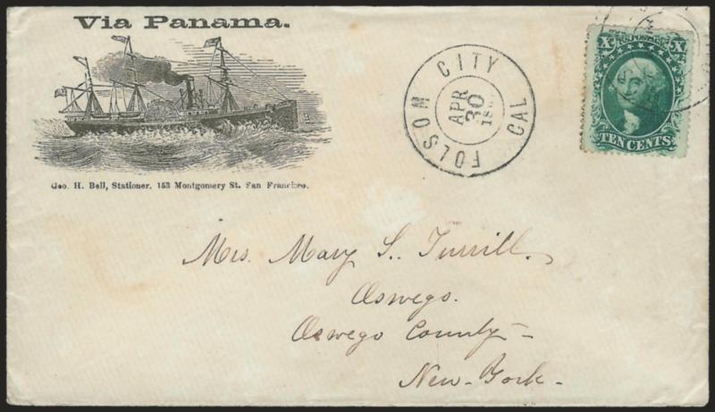10c Green, Ty. V (35).> Deep shade, faint toned spot, tied by one of two strikes of Folsom City Cal. Apr. 30, 1861 double-circle datestamp on cover to Oswego N.Y. with <Via Panama illustrated sidewheel steamship
design,> Geo. H. Bell imprint, Ext