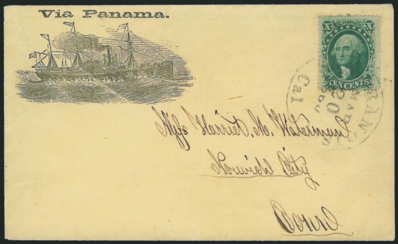 10c Green, Ty. V (35).> Tied by neat strike of San Francisco Cal. Mar. 20, 1860 circular datestamp on yellow cover to Norwich City Conn., with <Via Panama with illustrated sidewheel steamship design>, slightly
reduced at right, lightly cleaned, s