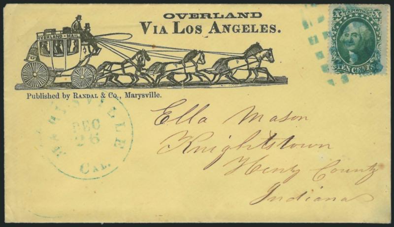 10c Green, Ty. V (35).> Tied by large blue segmented cork cancel, matching Marysville Cal. Dec. 26 circular datestamp on yellow cover to Knightstown Ind. with <Overland Via Los Angeles illustrated six-horse
stagecoach design> and Randal & Co. of