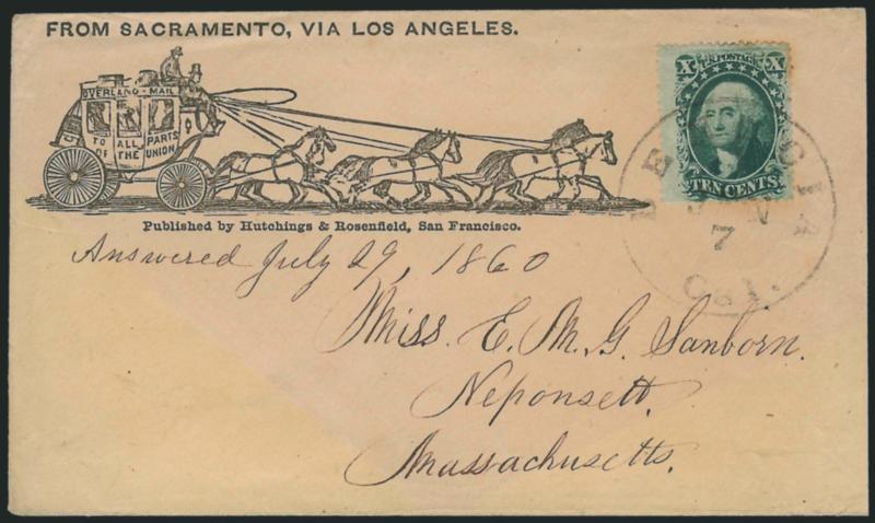 10c Green, Ty. V (35).> Faint toned spot, tied by Benecia Cal. Jun. 7 circular datestamp on cover to Neponsett Mass. with <From Sacramento, Via Los Angeles illustrated six-horse stagecoach design,> Hutchings &
Rosenfield of San Francisco imprint,