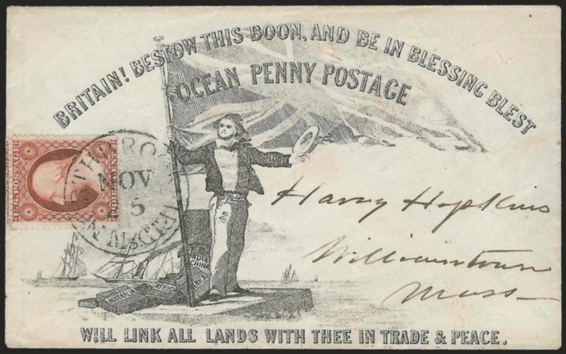 3c Dull Red, Ty. III (26).> Rich color, tied by North Brookfield Ms. Nov. 25 circular datestamp on cover to Williamstown Mass. with <Ocean Penny Postage illustrated propaganda design> depicting sailor holding
Union jack over images of commerce, s