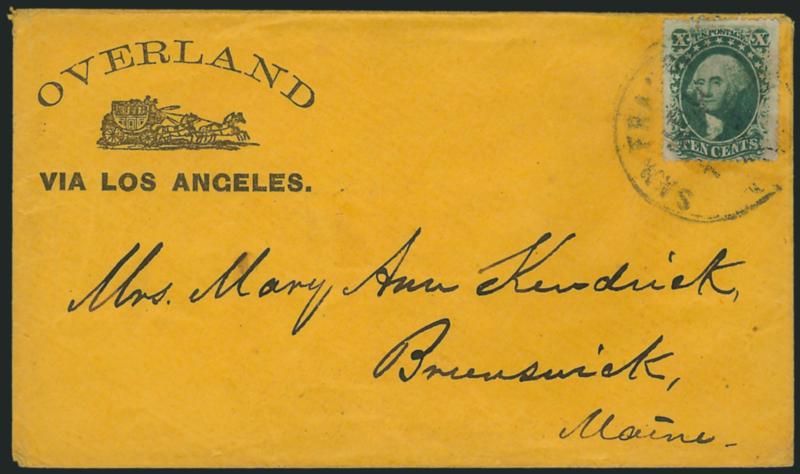 10c Green, Ty. V (35).> Tears at top left and bottom left, lifted and replaced, tied by San Francisco Cal. Jul. 20, 1860 circular datestamp on buff cover to Brunswick Me. with <Overland Via Los Angeles
illustrated four-horse stagecoach design,> V