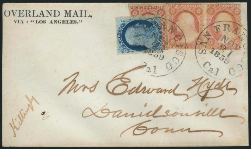OVERLAND MAIL,VIA: LOS ANGELES..> Oddly punctuated two-line imprint on plain envelope to Danielsonville Conn., 3c Dull Red, Ty. II (11A) used with 1c Blue, Ty. V (24) and pair of 3c Rose, Ty. I (25), tied by San
Francisco Cal. Nov. 21, 1859 ci