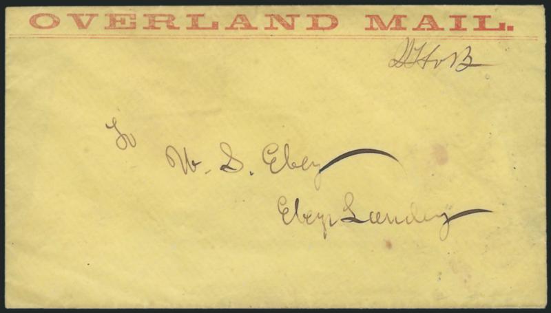 Overland Mail.> Large red straightline imprint on yellow cover to W. S. Ebey at Ebeys Landing, ms. initials, docketed on back with Dec. 1, 1862(?) date, Very Fine, rare