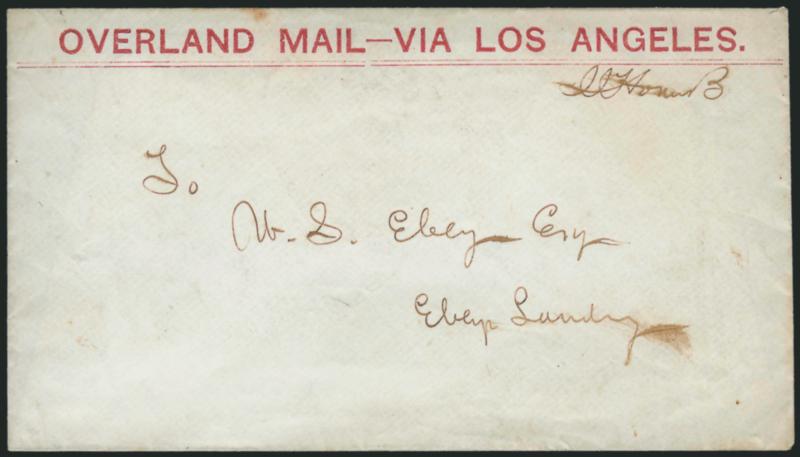 Overland Mail--Via Los Angeles.> Red straightline imprint on cover to W. S. Ebey at Ebeys Landing, ms. initials, receipt docketing <<VanB Jany 29 1863>> on back, Very Fine, rare