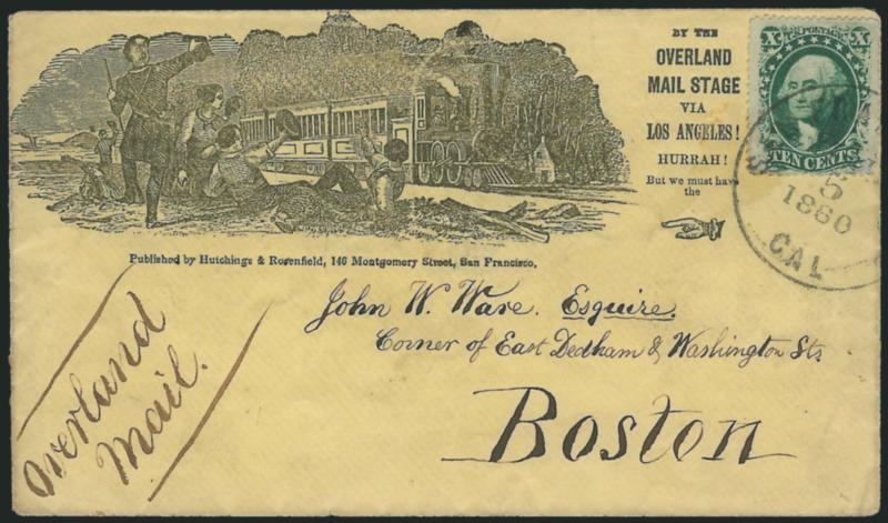 10c Green, Ty. V (35).> Well-centered, corner crease and small tear at bottom right, tied by San Francisco Cal. Mar. 5, 1860 circular datestamp on yellow cover to Boston with y the Overland Stage via Los Angeles!
Hurrah! But we must have the [ra