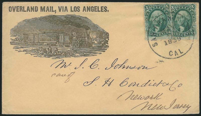 10c Green, Ty. I (31).> Two bottom-row position singles, each with extra wide bottom margin showing full shells (the defining characteristic of Type I), tied by San Francisco Cal. May 9, 1859 circular datestamp
on cover to Newark N.J. with <Overla
