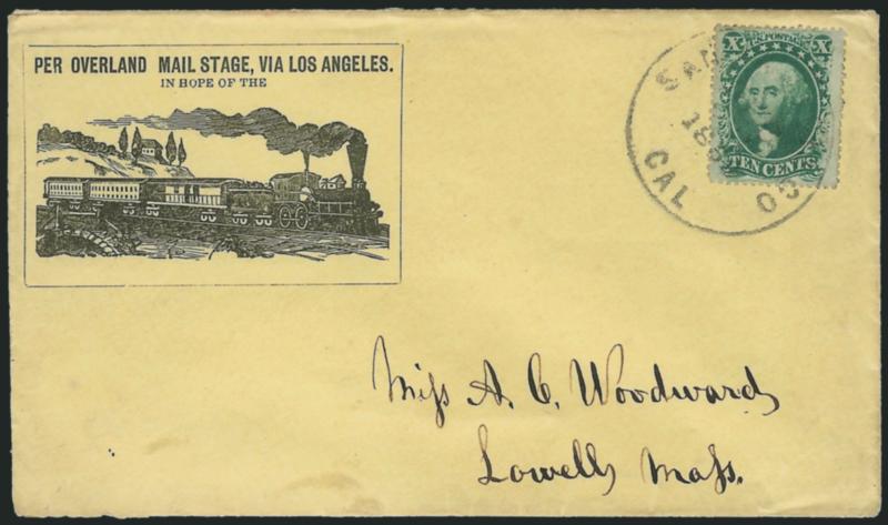 10c Green, Ty. V (35).> Well-centered, tied by San Francisco Cal. Dec. 23, 1859 circular datestamp on yellow cover to Lowell Mass. with <Per Overland Mail Stage, Via Los Angeles. In Hope of the [Railroad]
illustrated railroad propaganda design,>