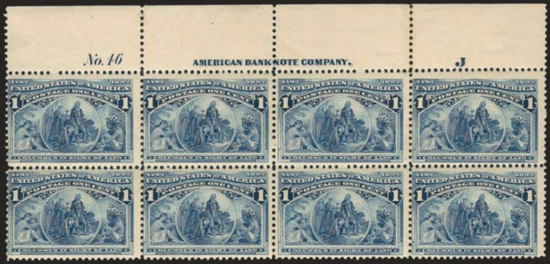 1c Columbian (230).> Top imprint, plate no. 46 and letter J at right block of eight, slightly disturbed original gum, some perf separations expertly reinforced, natural gum wrinkles, otherwise Fine