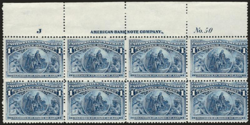 1c Columbian (230).> Top imprint, plate no. 50 and letter J at left block of eight, stamps Mint N.H., lightly hinged in ungummed part of selvage, fresh and Fine
