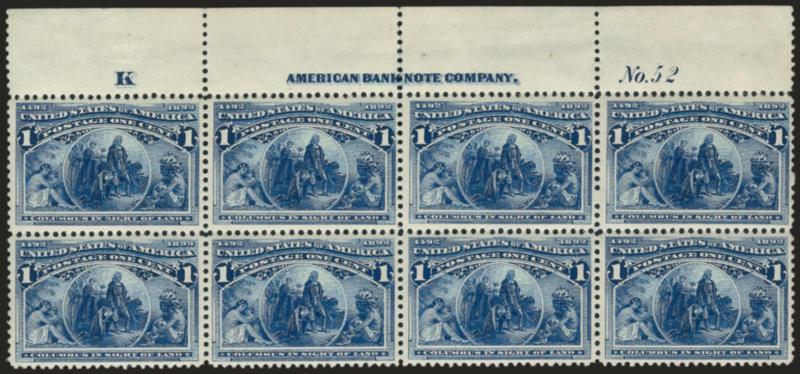 1c Columbian (230).> Top imprint, plate no. 52 and letter K at left block of eight, unused (regummed), intense shade and impression, few flaws, appears Fine-Very Fine, Scott Retail as with original gum
