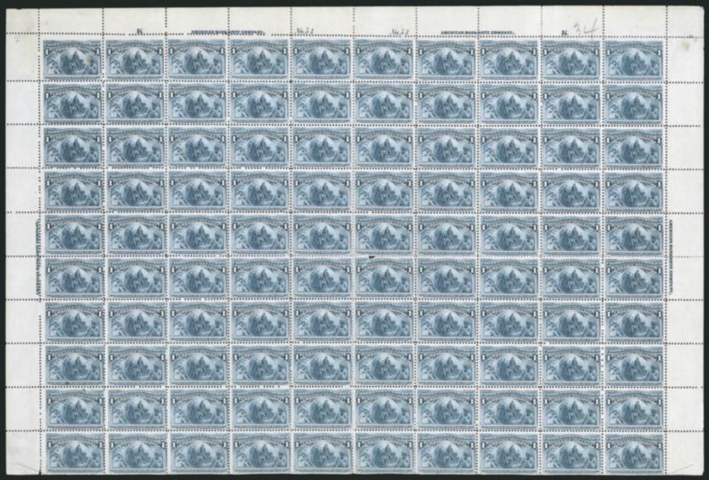 1c Columbian (230).> Complete double top imprint, letter K and plate no. 53 pane of 100 from the 200-stamp sheet, guide arrows bottom left and right, original gum, largely Mint N.H., light overall toning, few
darkened spots and adherences on gum, p