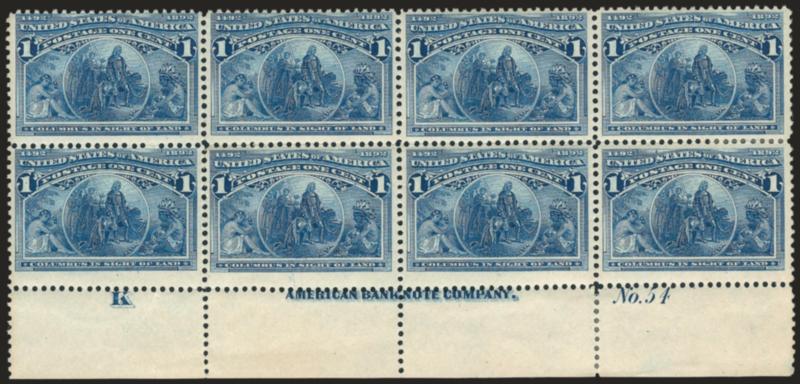 1c Columbian (230).> Bottom imprint, plate no. 54 and letter K at left block of eight, h.r. at right and in selvage at bottom right, pretty shade, fresh and Fine