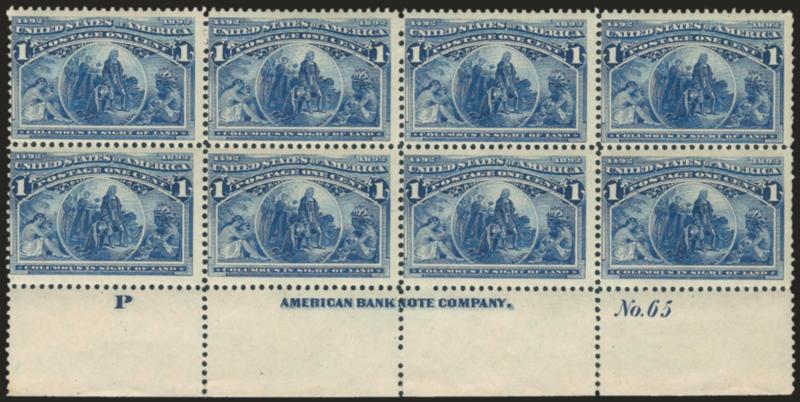 1c Columbian (230).> Bottom imprint, plate no. 65 and letter P at left block of eight, bottom right stamp h.r., others Mint N.H., rich color, fresh and Fine