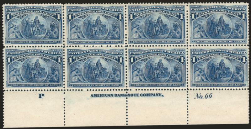 1c Columbian (230).> Bottom imprint, plate no. 66 and letter P at left block of eight, lightly hinged at top left, most others Mint N.H., bright color, choice centering, Very Fine