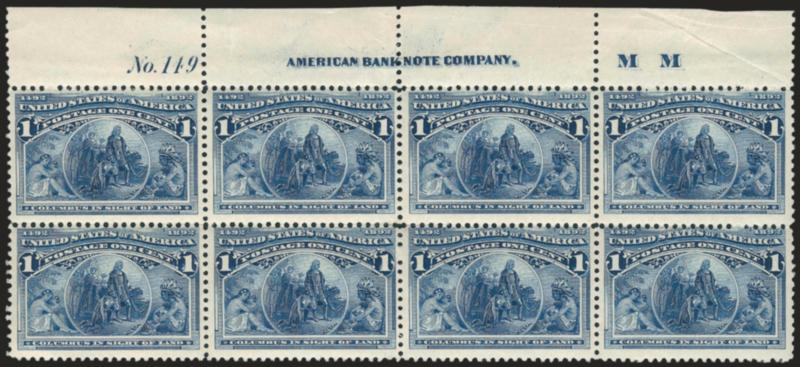1c Columbian (230).> Top imprint, plate no. 149 and letter M M at right block of eight, small h.r. at bottom left, few selvage flaws, vertical crease affects Pos. 2 and 6, appears Fine
