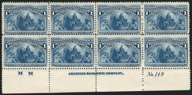 1c Columbian (230).> Bottom imprint, plate no. 149 and letter M M at left block of eight, right two stamps some gum disturbance, others Mint N.H., bright color, Fine