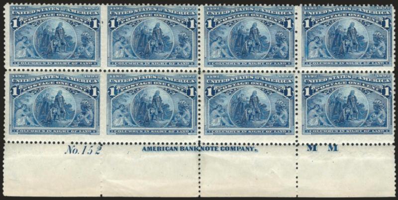 1c Columbian (230).> Mint N.H. bottom imprint, plate no. 152 and letter M M at right block of eight, bright color, light natural gum bends, few usual light creases in selvage only, Fine