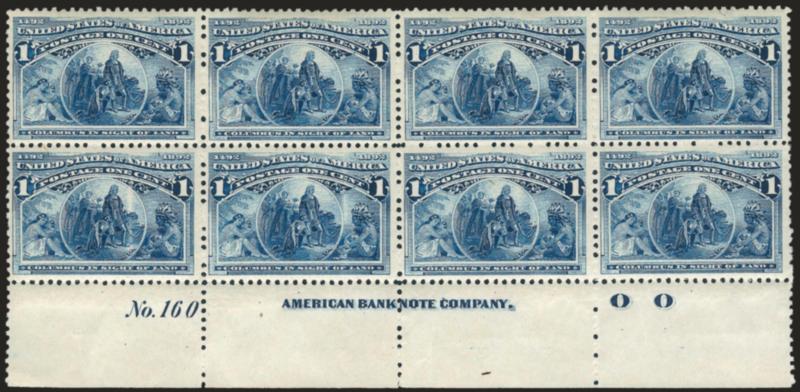 1c Columbian (230).> Mint N.H. bottom imprint, plate no. 160 and letter O O at right block of eight, bright shade, fresh and Fine-Very Fine