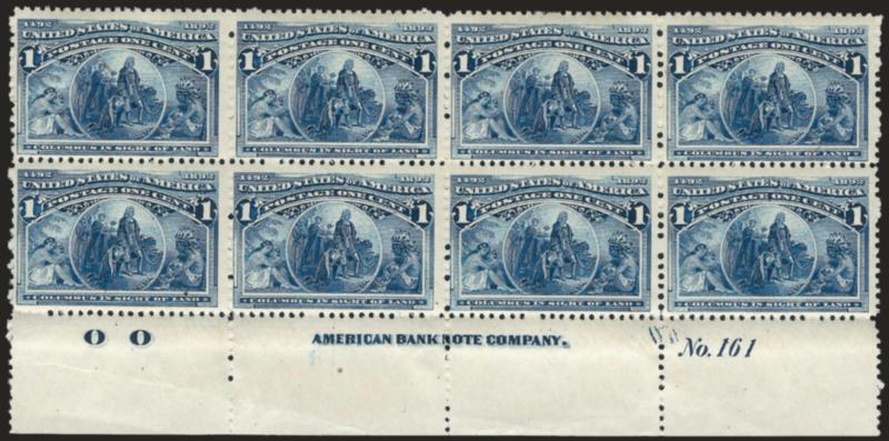 1c Columbian (230).> Mint N.H. bottom imprint, plate no. 161 and letter O O at left block of eight, unusual offset near plate no. from another sheet, bright color, light crease in selvage, Fine