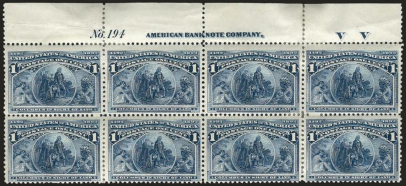 1c Columbian (230).> Top imprint, plate no. 194 and letter V V at right block of eight, original gum, bit heavy h.r., few perf separations reinforced, naturally short gum at top, few selvage flaws, otherwise
Fine