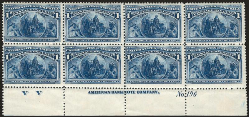 1c Columbian (230).> Bottom imprint, plate no. 196 and letter V V at left block of eight, stamps Mint N.H., lightly hinged in selvage only, rich color, barely telescoped perfs causing few trivial separations in
selvage, Fine