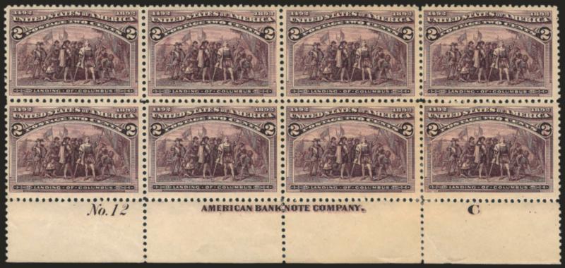 2c Columbian (231).> Bottom imprint, plate no. 12 and letter C at right block of eight, original gum, lightly hinged, some perfs expertly rejoined at right, faint overall toning, otherwise Fine