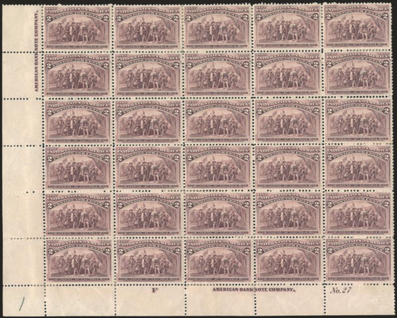 2c Columbian (231).> Bottom left corner imprint, plate no. 27 and letter F block of 30 with additional imprint at left, original gum, a few stamps Mint N.H., disturbed gum on stamps at right, numerous h.r.
sensibly reinforcing perfs, a couple creas