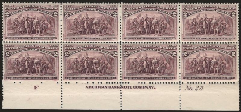 2c Columbian (231).> Mint N.H. bottom imprint, plate no. 28 and letter F at left block of eight, rich color, bright paper, fresh and Fine-Very Fine, a beautiful plate block