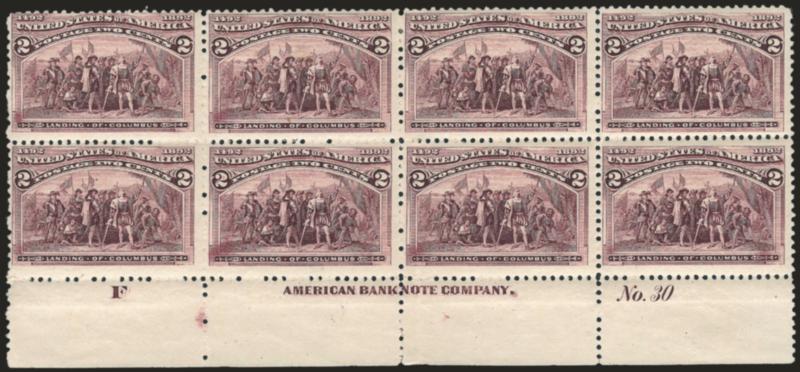 2c Columbian (231).> Bottom imprint, plate no. 30 and letter F at left block of eight, h.r. at top center and in selvage at bottom right, several stamps Mint N.H., detailed impression, light vertical crease
affects Pos. 3 and 7, appears Fine