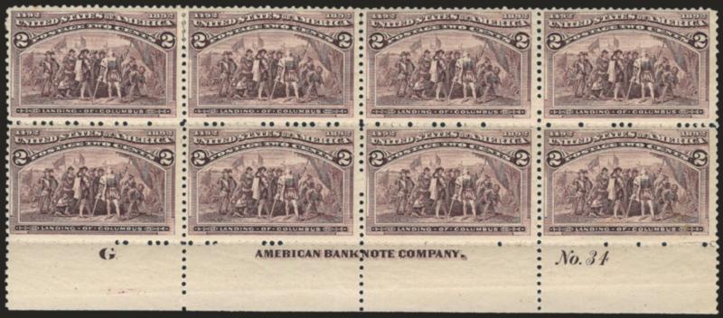 2c Columbian (231).> Bottom imprint, plate no. 34 and letter G at left block of eight, original gum, small h.r., bright shade, bottom right stamp small toned spot on back, Fine-Very Fine