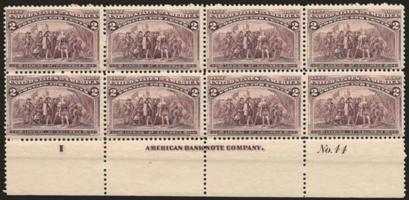 2c Columbian (231).> Mint N.H. bottom imprint, plate no. 44 and letter I at left block of eight, bright shade, fresh and Fine