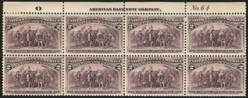 2c Columbian (231).> Top imprint, plate no. 64 and letter O at left block of eight, large part disturbed original gum, deep rich color, few minor perf separations, Fine