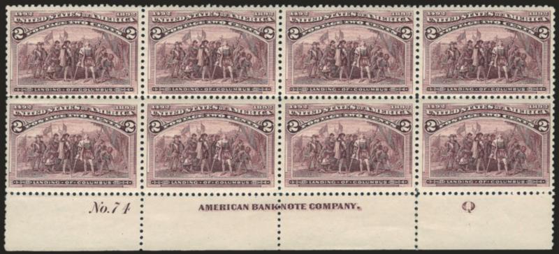 2c Columbian (231).> Mint N.H. bottom imprint, plate no. 74 and letter Q at right block of eight, rich color and proof-like impression, choice centering, fresh and Very Fine-Extremely Fine, wonderfully choice
quality