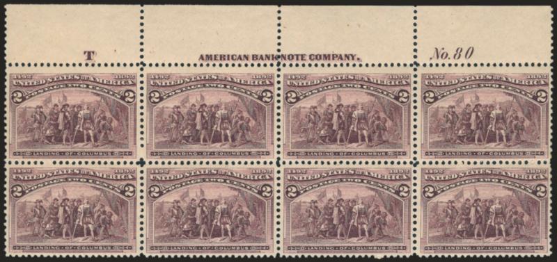 2c Columbian (231).> Top imprint, plate no. 80 and letter T at left block of eight, unused (regummed), intense shade, Fine-Very Fine
