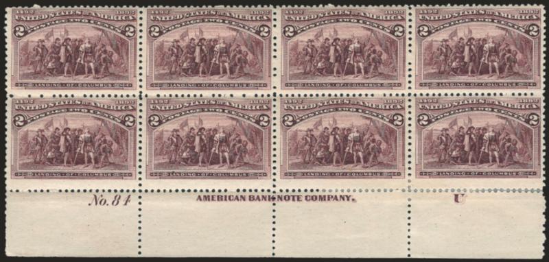 2c Columbian (231).> Bottom imprint, plate no. 84 and letter U at right block of eight, original gum, h.r., few flaws incl. perf separations reinforced and vertical crease affecting Pos. 3 and 7, otherwise
Fine